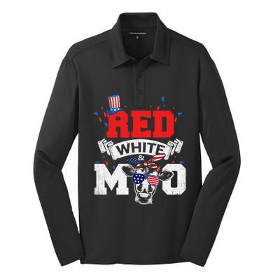 Red White And Moo American Patriot Cow Lover Gift Silk Touch Performance Long Sleeve Polo