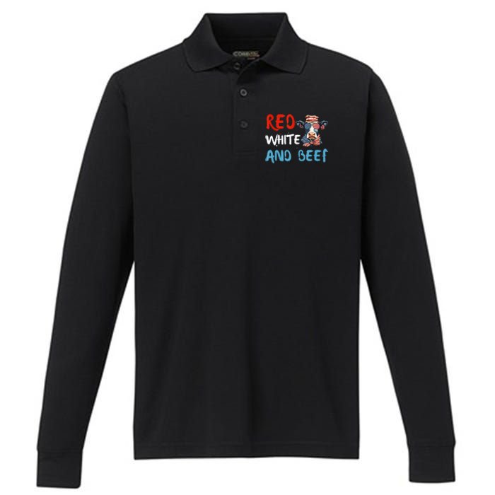 red white and beef 4th Of July cattle cow  Performance Long Sleeve Polo