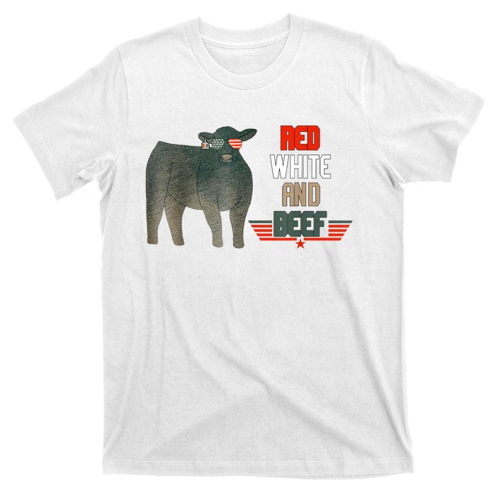 Red White And Beef Vintage Usa Flag 4th Of July Funny Cow T-Shirt