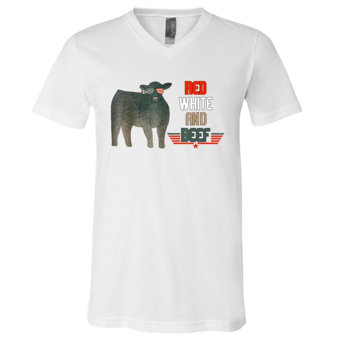 Red White And Beef Vintage Usa Flag 4th Of July Funny Cow V-Neck T-Shirt