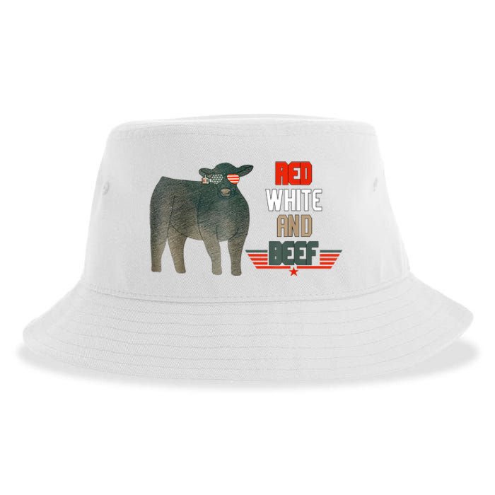 Red White And Beef Vintage Usa Flag 4th Of July Funny Cow Sustainable Bucket Hat