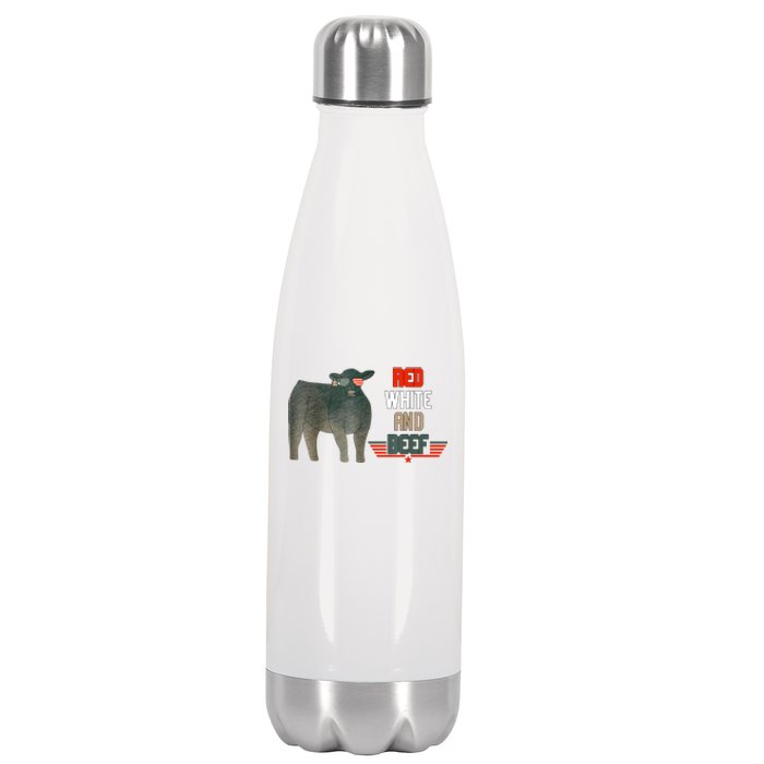 Red White And Beef Vintage Usa Flag 4th Of July Funny Cow Stainless Steel Insulated Water Bottle