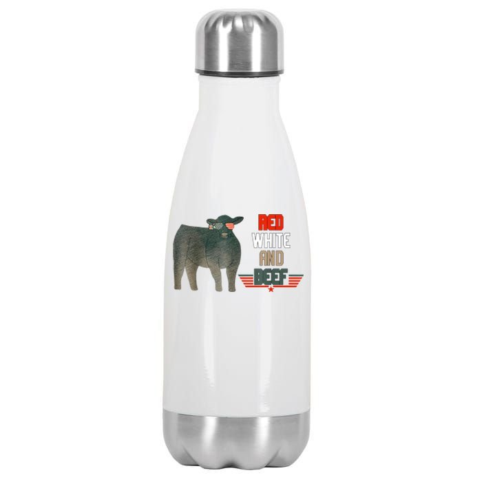 Red White And Beef Vintage Usa Flag 4th Of July Funny Cow Stainless Steel Insulated Water Bottle