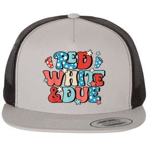 Red White And Due Pregnancy Announcement 4th Of July Groovy Flat Bill Trucker Hat