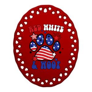 Red White And Woof US Flag Dog Cat Mom Paw Groovy Ceramic Oval Ornament