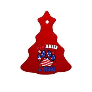 Red White And Woof US Flag Dog Cat Mom Paw Groovy Ceramic Tree Ornament