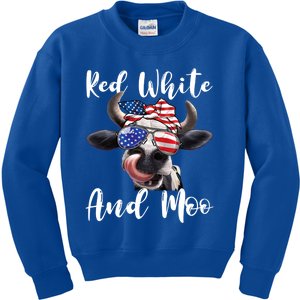 Red White And Moo Cow Messy Bun Usa Flag 4th Of July Gift Kids Sweatshirt