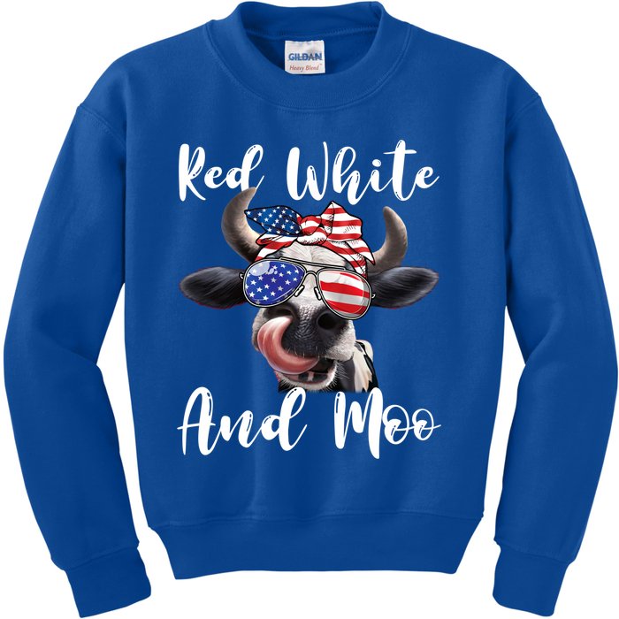 Red White And Moo Cow Messy Bun Usa Flag 4th Of July Gift Kids Sweatshirt