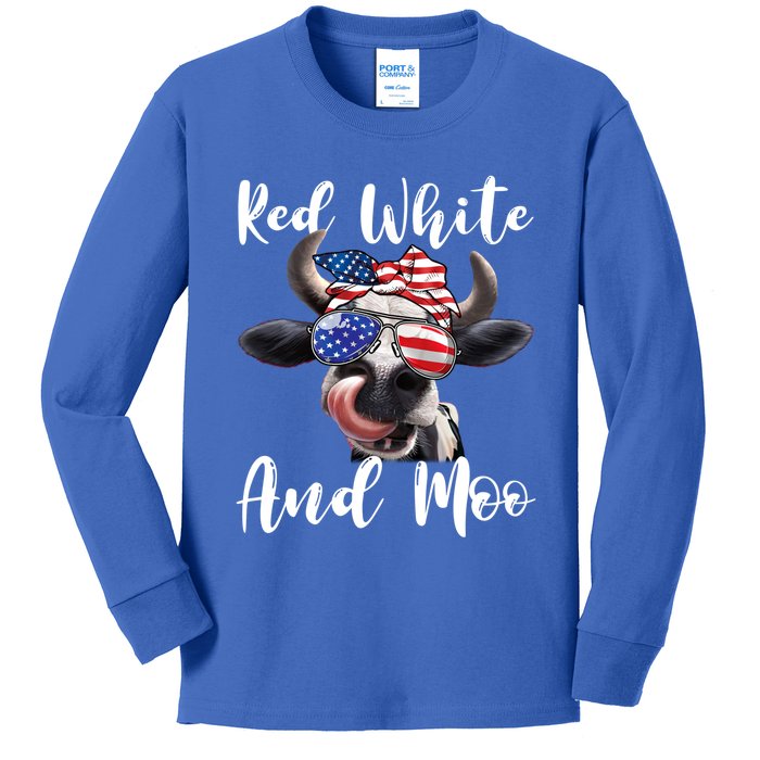 Red White And Moo Cow Messy Bun Usa Flag 4th Of July Gift Kids Long Sleeve Shirt