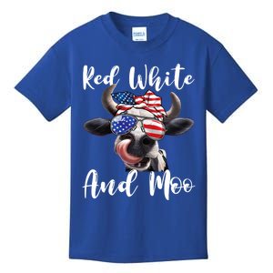 Red White And Moo Cow Messy Bun Usa Flag 4th Of July Gift Kids T-Shirt