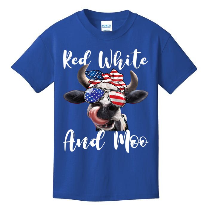 Red White And Moo Cow Messy Bun Usa Flag 4th Of July Gift Kids T-Shirt