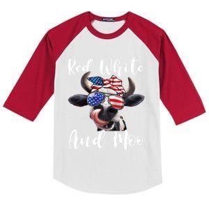 Red White And Moo Cow Messy Bun Usa Flag 4th Of July Gift Kids Colorblock Raglan Jersey