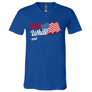 Red White And Blessed Funny 4th Of July Patriotic Gift Meaningful Gift V-Neck T-Shirt