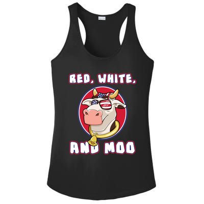 Red White And Moo July 4th Patriotic Cow Farmer Usa Pride Gift Ladies PosiCharge Competitor Racerback Tank