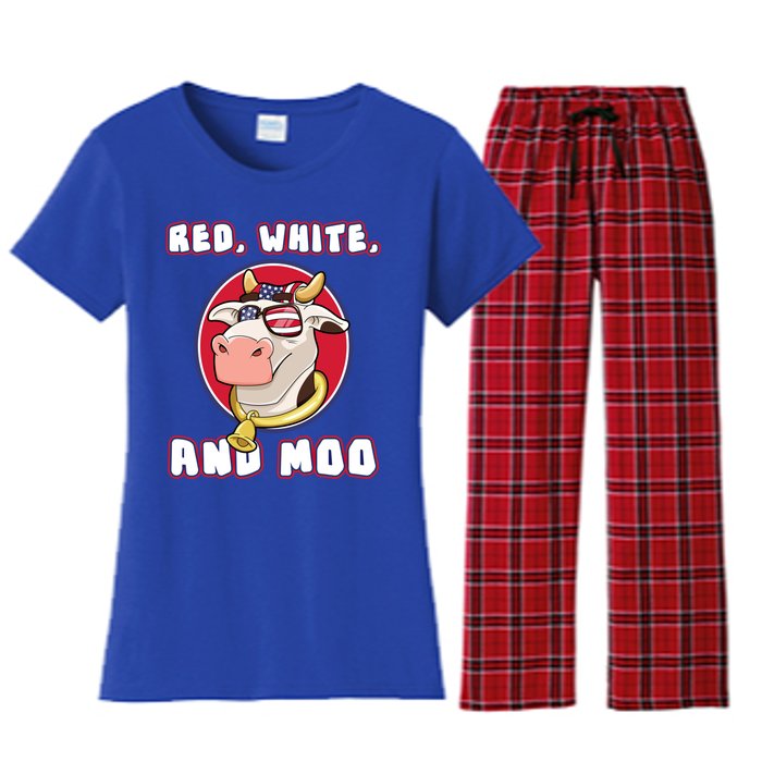 Red White And Moo July 4th Patriotic Cow Farmer Usa Pride Gift Women's Flannel Pajama Set