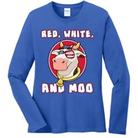 Red White And Moo July 4th Patriotic Cow Farmer Usa Pride Gift Ladies Long Sleeve Shirt