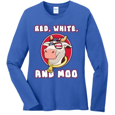 Red White And Moo July 4th Patriotic Cow Farmer Usa Pride Gift Ladies Long Sleeve Shirt