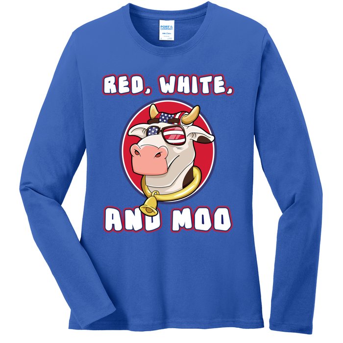 Red White And Moo July 4th Patriotic Cow Farmer Usa Pride Gift Ladies Long Sleeve Shirt