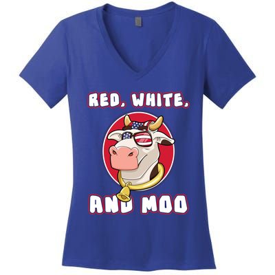 Red White And Moo July 4th Patriotic Cow Farmer Usa Pride Gift Women's V-Neck T-Shirt