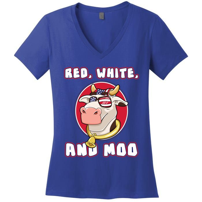 Red White And Moo July 4th Patriotic Cow Farmer Usa Pride Gift Women's V-Neck T-Shirt