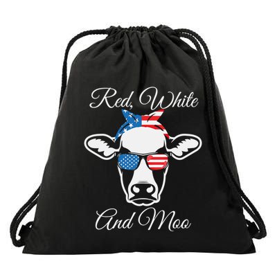 Red White And Moo American Flag Cow July 4th Meaningful Gift Drawstring Bag