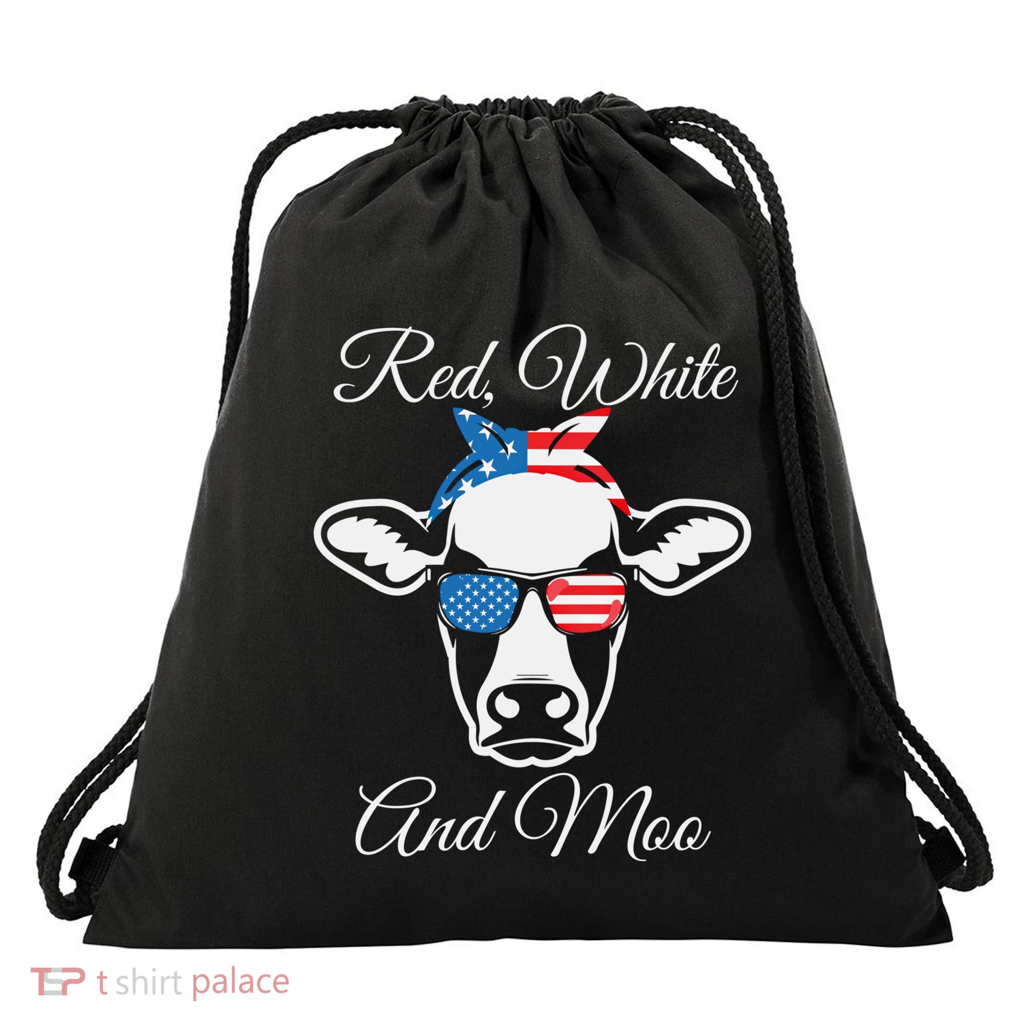 Red White And Moo American Flag Cow July 4th Meaningful Gift Drawstring Bag