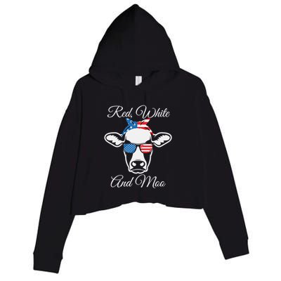Red White And Moo American Flag Cow July 4th Meaningful Gift Crop Fleece Hoodie