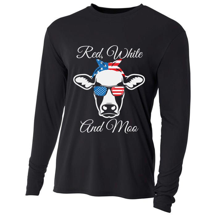 Red White And Moo American Flag Cow July 4th Meaningful Gift Cooling Performance Long Sleeve Crew