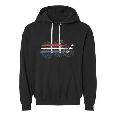 Red White And Blue Fighter Jets With Fireworks 4th Of July Garment-Dyed Fleece Hoodie