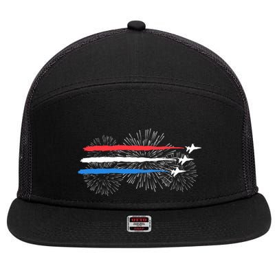 Red White And Blue Fighter Jets With Fireworks 4th Of July 7 Panel Mesh Trucker Snapback Hat