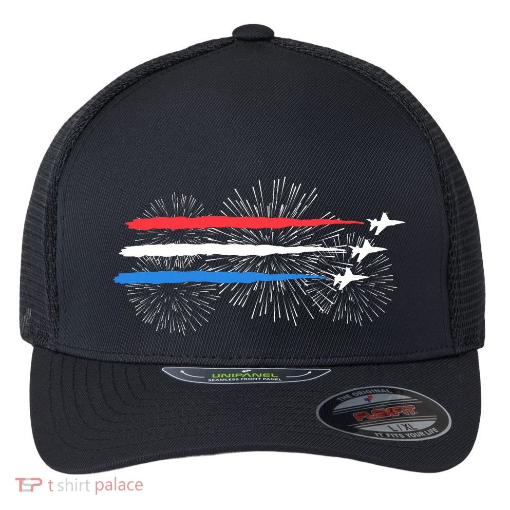 Red White And Blue Fighter Jets With Fireworks 4th Of July Flexfit Unipanel Trucker Cap