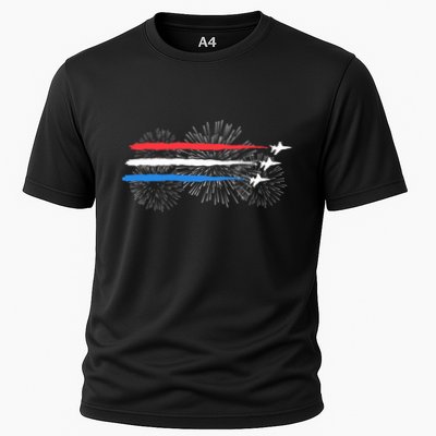 Red White And Blue Fighter Jets With Fireworks 4th Of July Performance Shirt