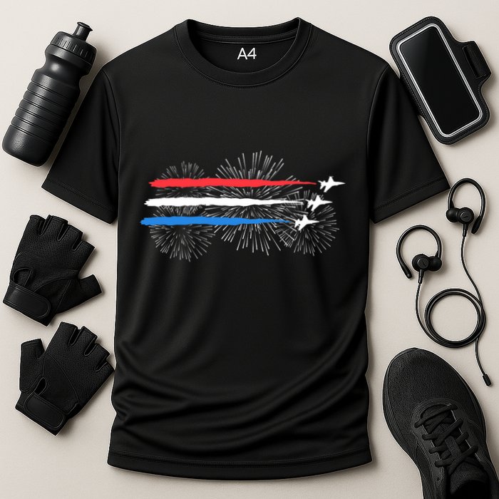 Red White And Blue Fighter Jets With Fireworks 4th Of July Performance Shirt