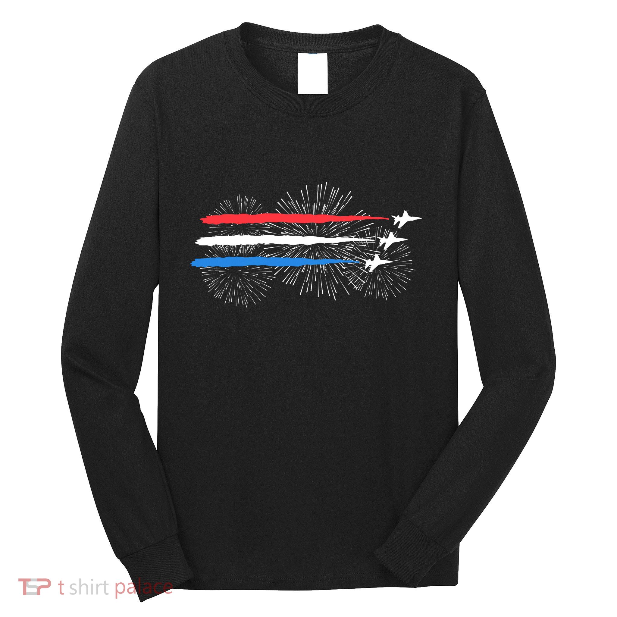 Red White And Blue Fighter Jets With Fireworks 4th Of July Long Sleeve Shirt