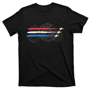 Red White And Blue Fighter Jets With Fireworks 4th Of July T-Shirt