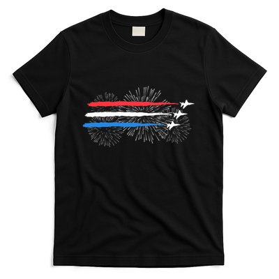 Red White And Blue Fighter Jets With Fireworks 4th Of July T-Shirt