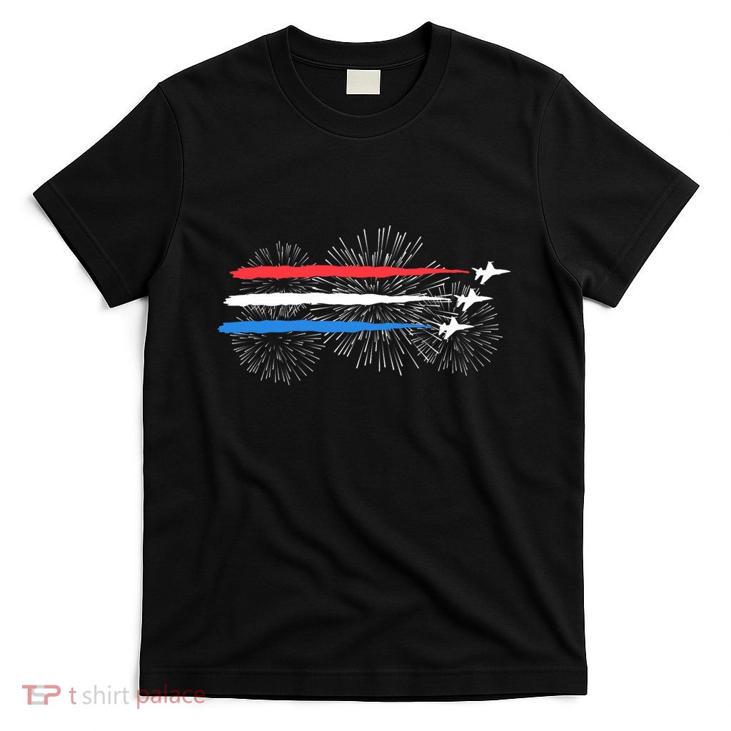 Red White And Blue Fighter Jets With Fireworks 4th Of July T-Shirt