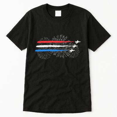 Red White And Blue Fighter Jets With Fireworks 4th Of July Tall T-Shirt