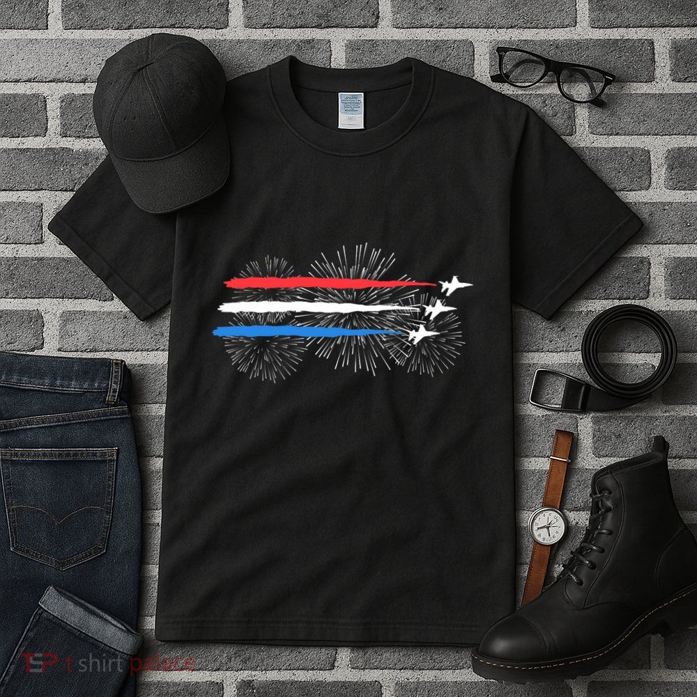 Red White And Blue Fighter Jets With Fireworks 4th Of July Tall T-Shirt