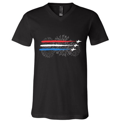 Red White And Blue Fighter Jets With Fireworks 4th Of July V-Neck T-Shirt