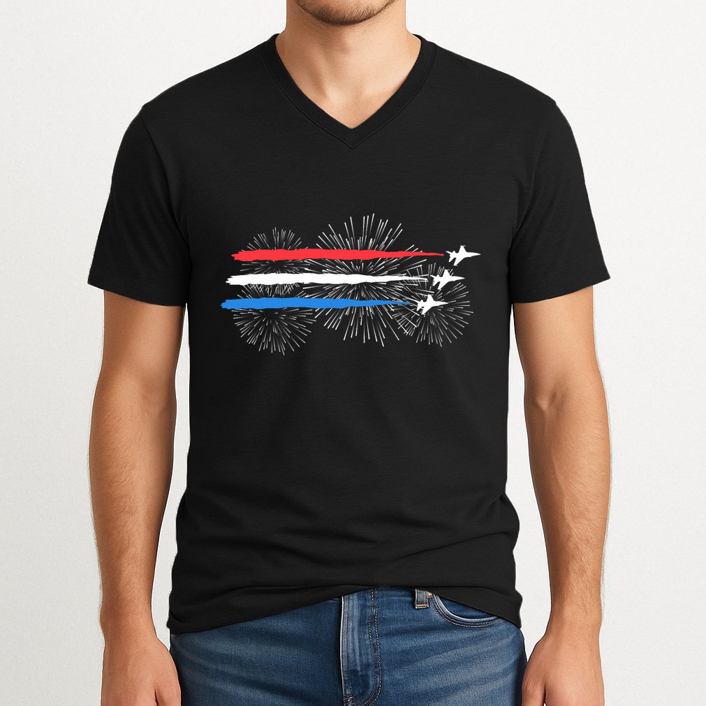 Red White And Blue Fighter Jets With Fireworks 4th Of July V-Neck T-Shirt