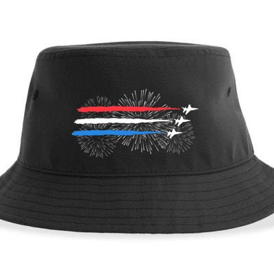 Red White And Blue Fighter Jets With Fireworks 4th Of July Sustainable Bucket Hat