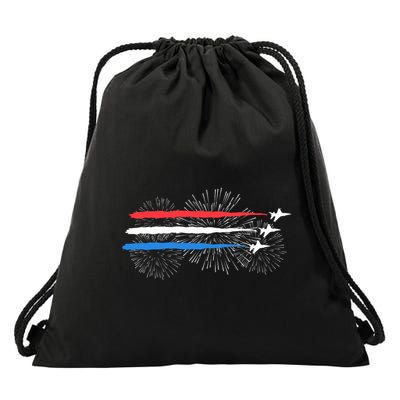 Red White And Blue Fighter Jets With Fireworks 4th Of July Drawstring Bag