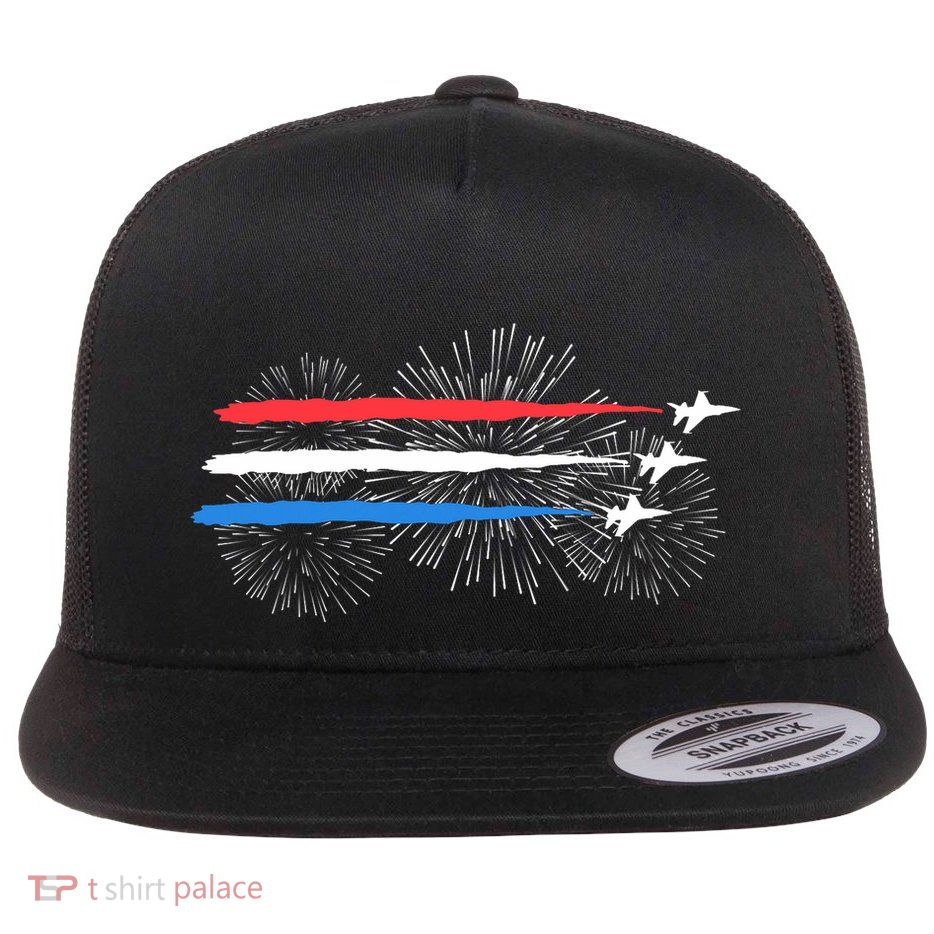 Red White And Blue Fighter Jets With Fireworks 4th Of July Flat Bill Trucker Hat