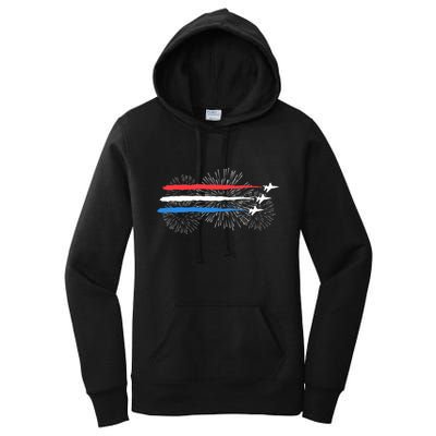 Red White And Blue Fighter Jets With Fireworks 4th Of July Women's Pullover Hoodie