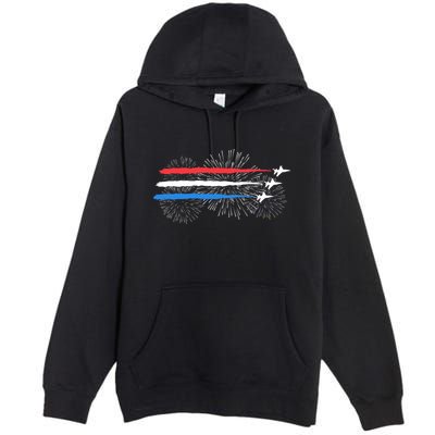 Red White And Blue Fighter Jets With Fireworks 4th Of July Premium Pullover Hoodie