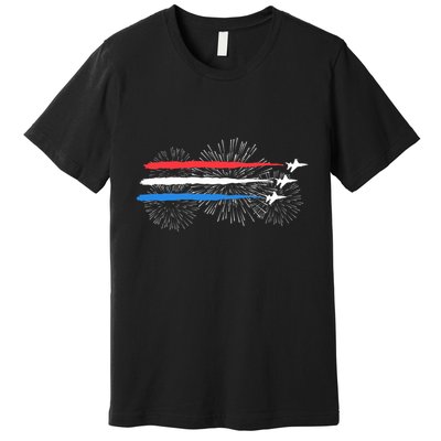 Red White And Blue Fighter Jets With Fireworks 4th Of July Premium T-Shirt