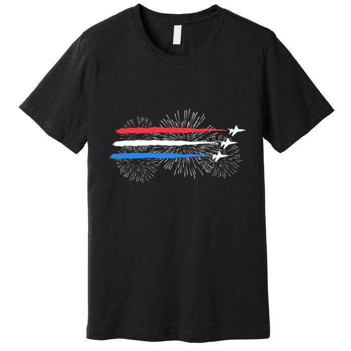 Red White And Blue Fighter Jets With Fireworks 4th Of July Premium T-Shirt