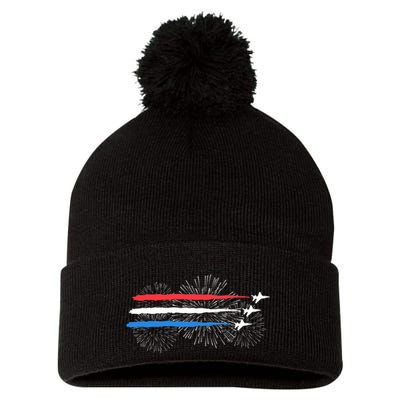 Red White And Blue Fighter Jets With Fireworks 4th Of July Pom Pom 12in Knit Beanie