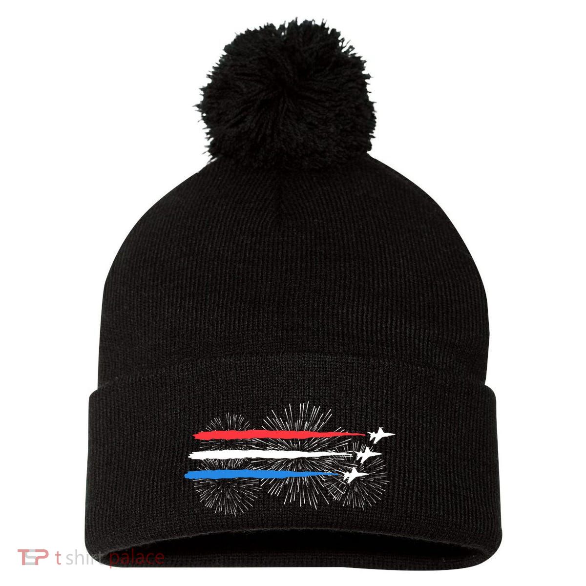Red White And Blue Fighter Jets With Fireworks 4th Of July Pom Pom 12in Knit Beanie